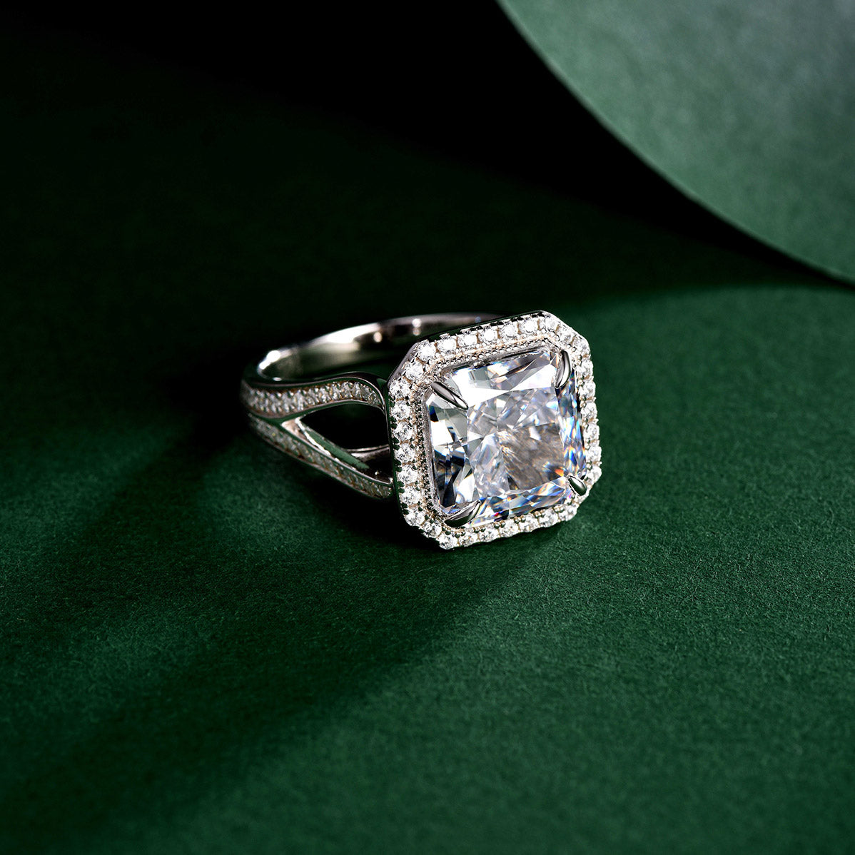 Dissoo® White Radiant Cut Halo Split Shank Engagement Ring