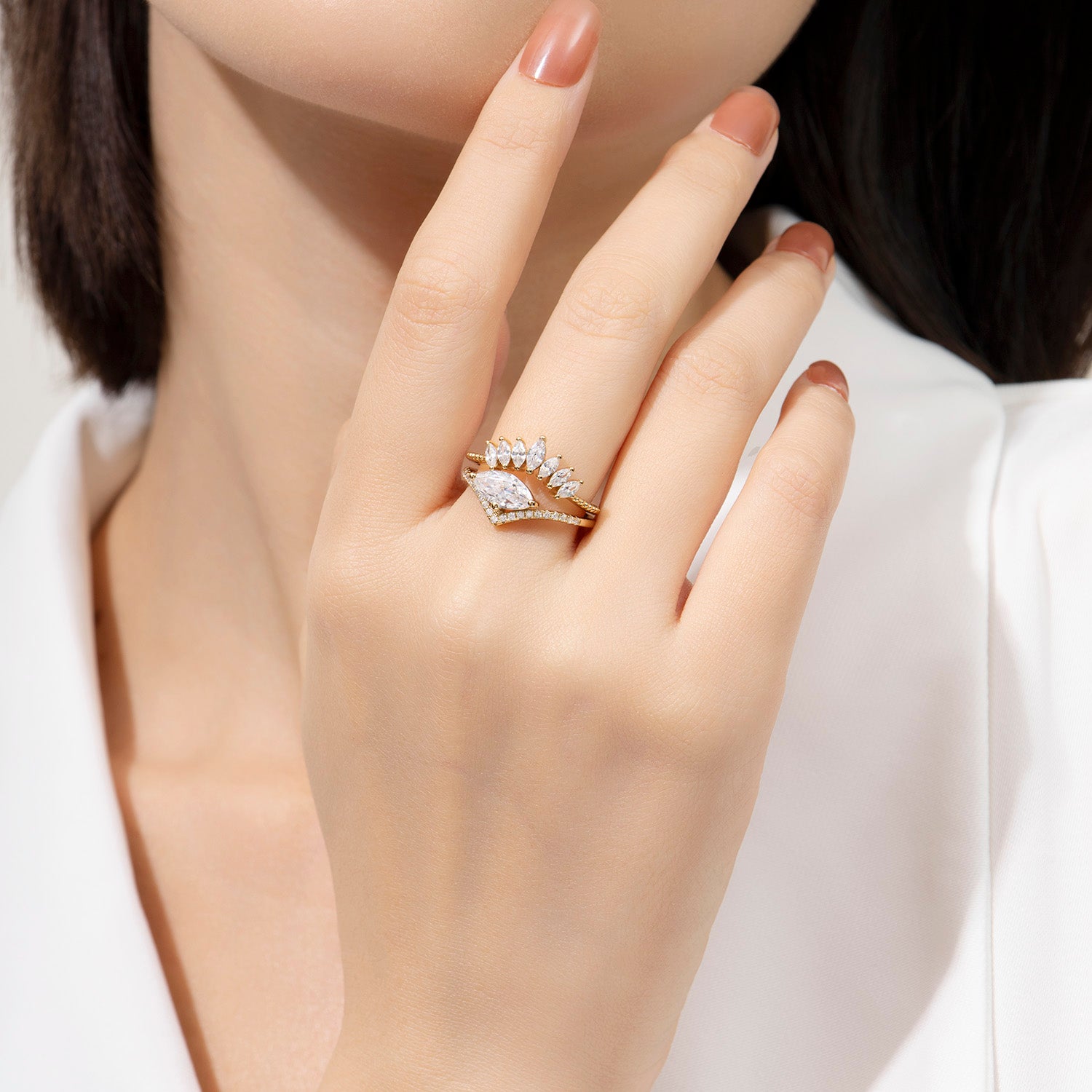 Dissoo® Oval Moissanite Curved Pavé Engagement Ring and Curved Marquise Accent Pavé Wedding Ring