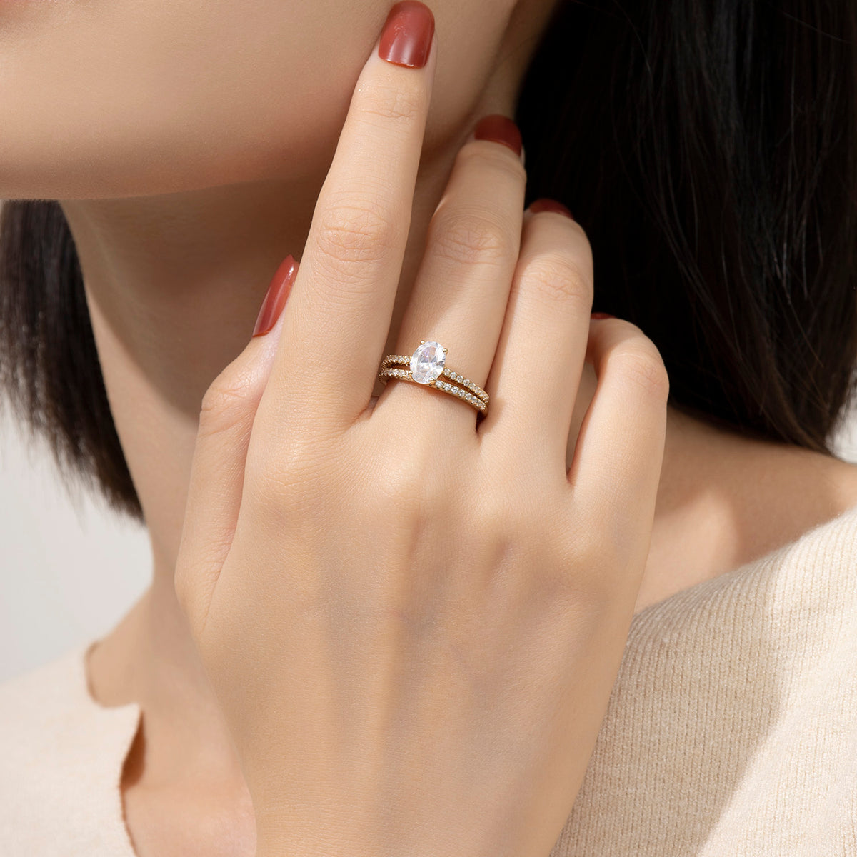 Dissoo® Gold Oval Moissanite Engagement Ring and Semi-Eternity Wedding Ring
