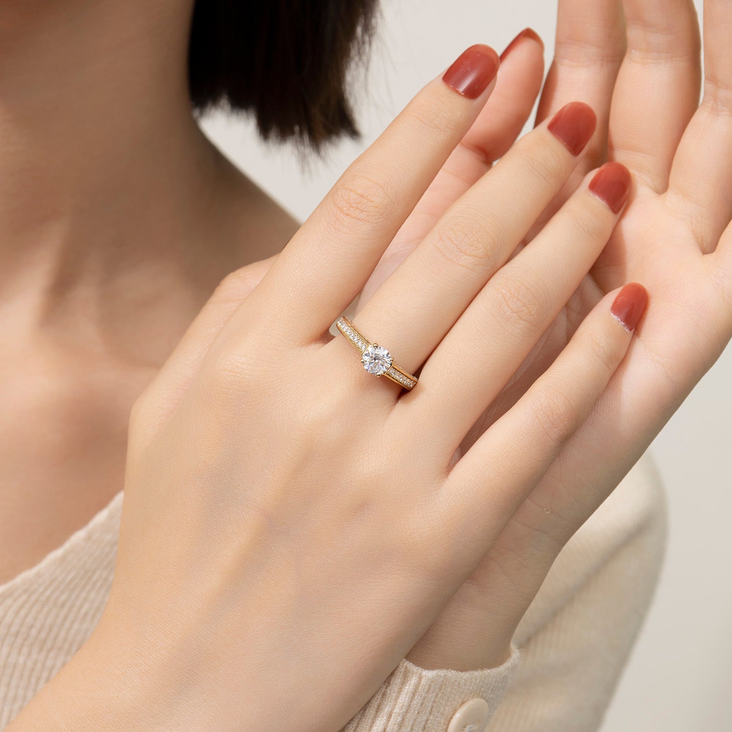 Dissoo® Gold Round Moissanite Engagement Ring and Semi-Eternity Wedding Ring