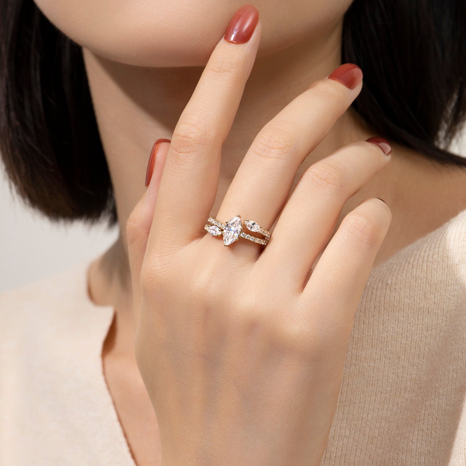 Dissoo® Marquise Moissanite Half-Pavé Engagement Ring and Open-shank Wedding Ring