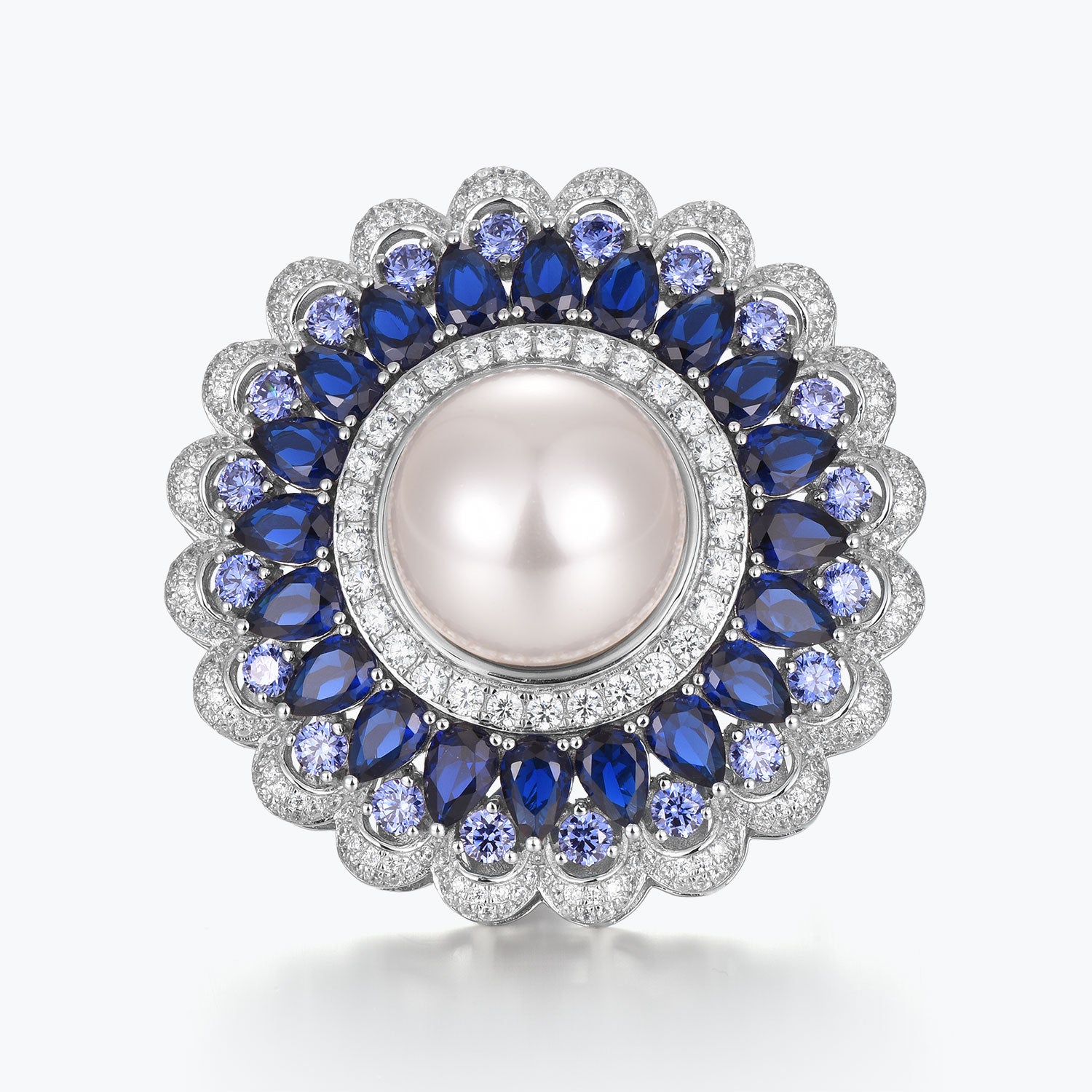 Dissoo® Blue Floral Halo Cluster Pearl Brooch/Pin & Leather Bracelet
