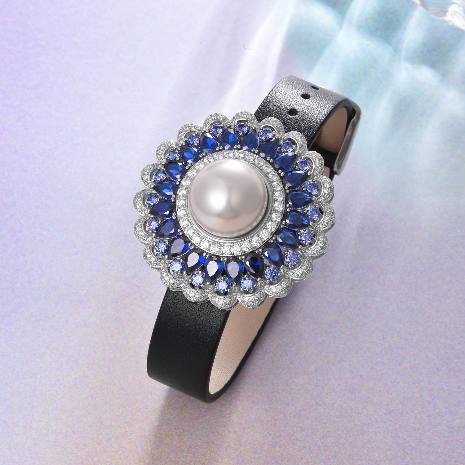 Dissoo® Blue Floral Halo Cluster Pearl Brooch/Pin & Leather Bracelet