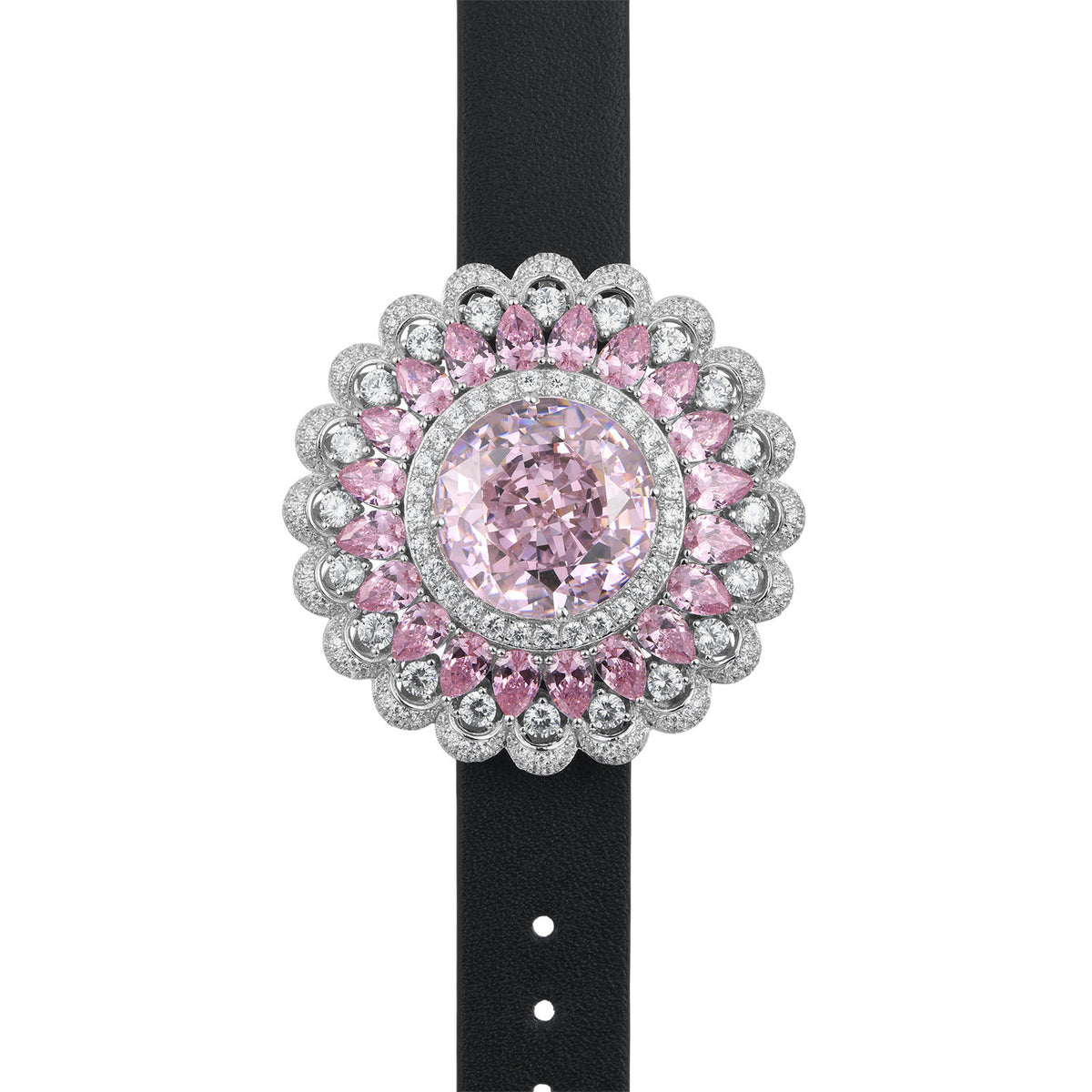 Dissoo® Pink Floral Halo Cluster Brooch/Pin & Leather Bracelet