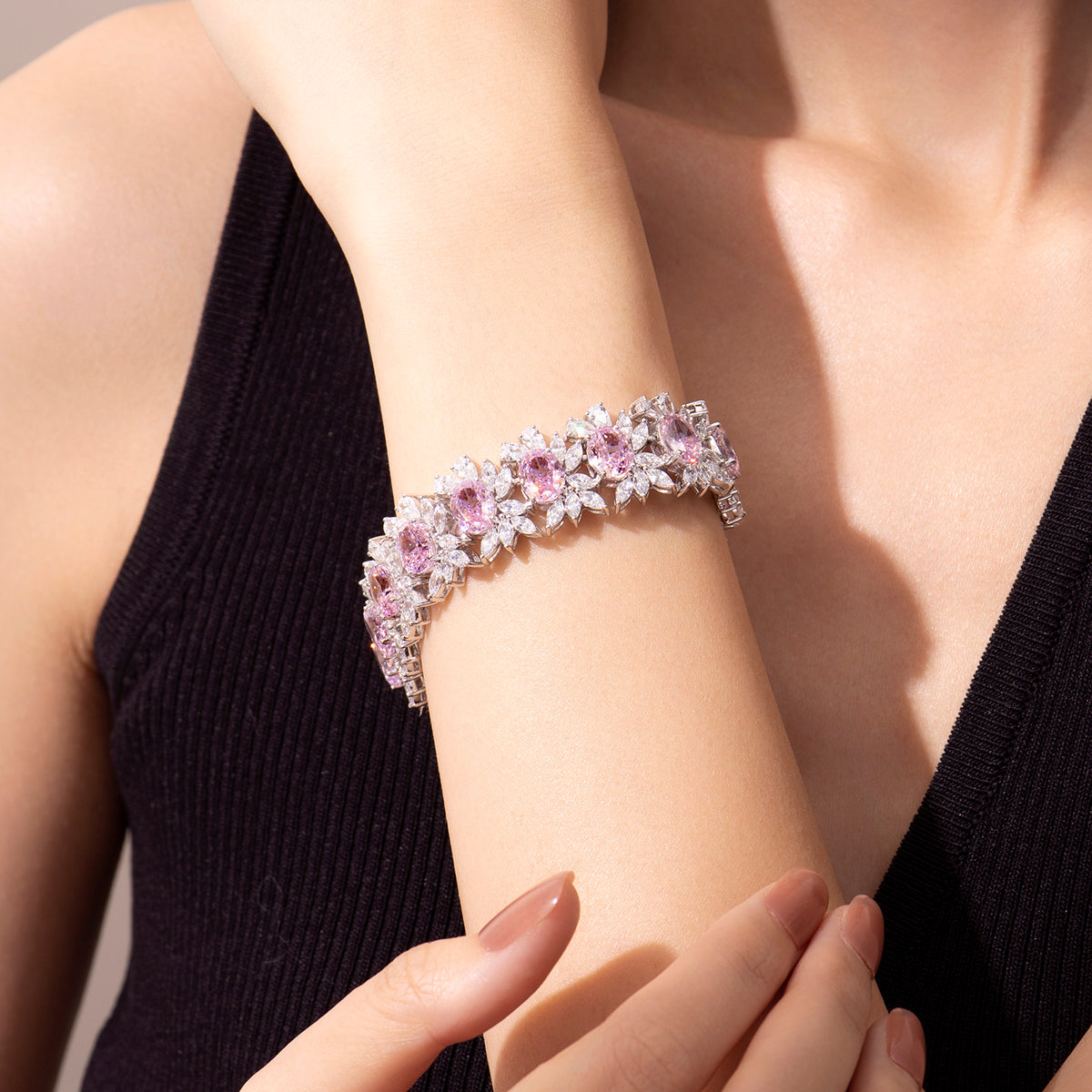 Dissoo® Pink & White Floral Cluster Sterling Silver Bangle Bracelet