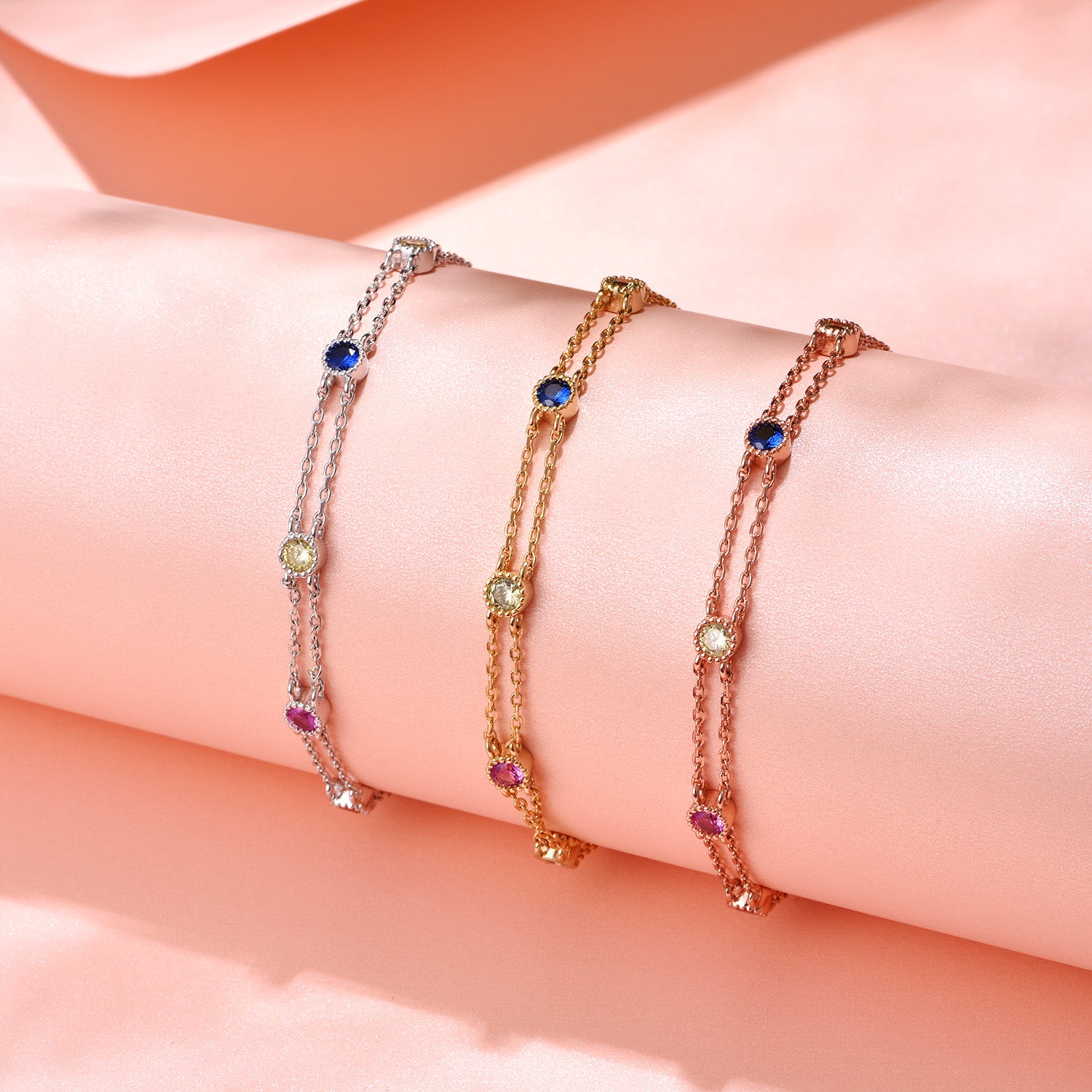 Dissoo® Rainbow Multicolor Birthstone Charm Bracelet(Sterling Silver, 14K Gold / Rose Gold Vermeil)