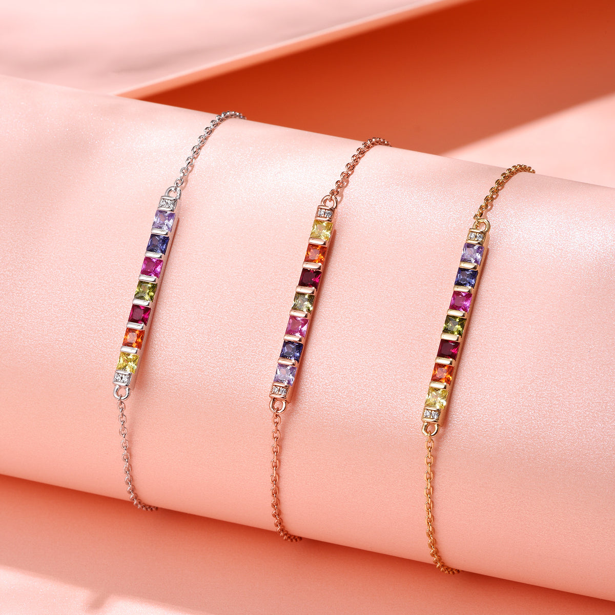 Dissoo® Multi-Gemstone Delicate Bar Bracelet in 14K Yellow/Rose Gold Vermeil,and Sterling Silver