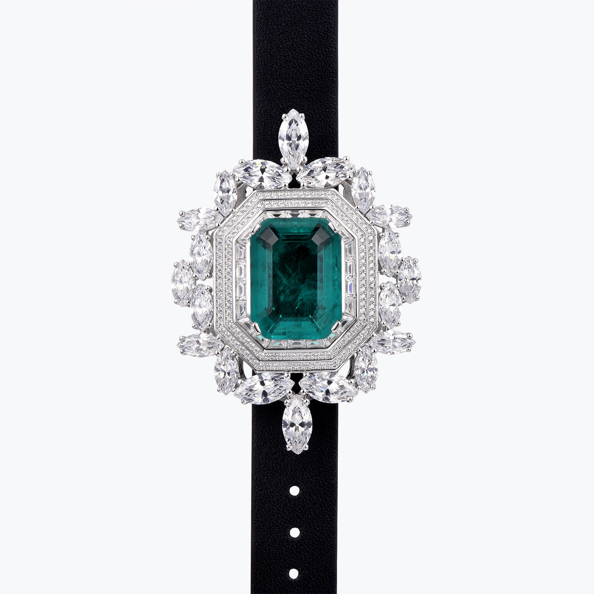 Dissoo® Classic Art Deco Emerald Green Floral Cluster Leather Bracelet & Brooch