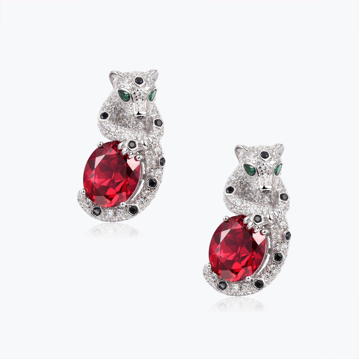 Dissoo® Leopard Embracing Oval Ruby Sterling Silver Stud Earrings