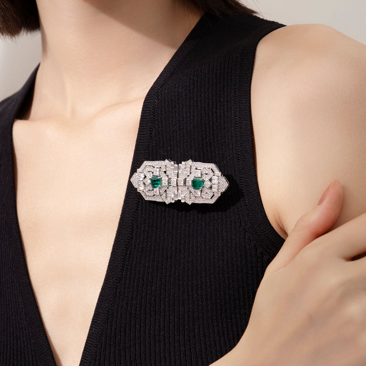 Dissoo® Vintage Emerald Sterling Silver Stud Earring & Brooch/Pin