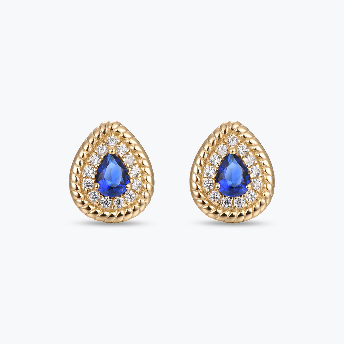 Dissoo® Gold Pear Blue Halo Twisted Frame Stud Earring
