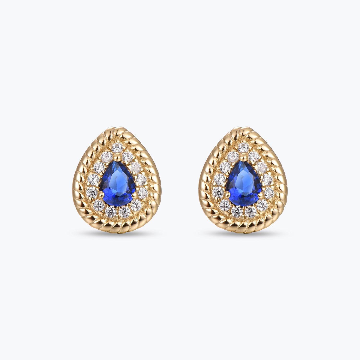 Dissoo® Gold Pear Blue Halo Twisted Frame Stud Earring