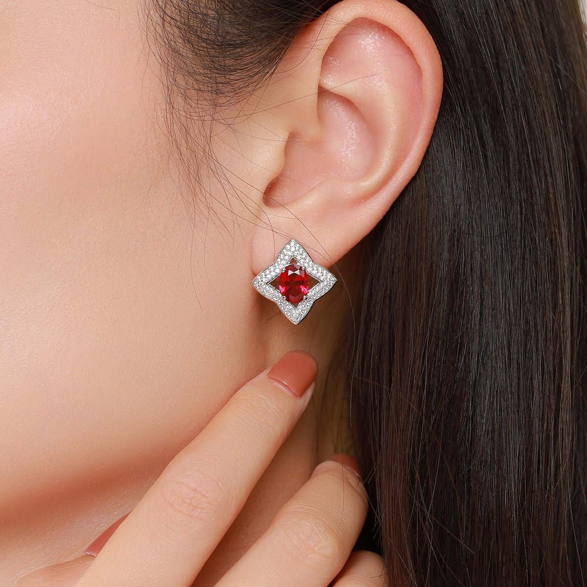 Dissoo® Oval Ruby Four Pointed Star Sterling Silver Stud Earring