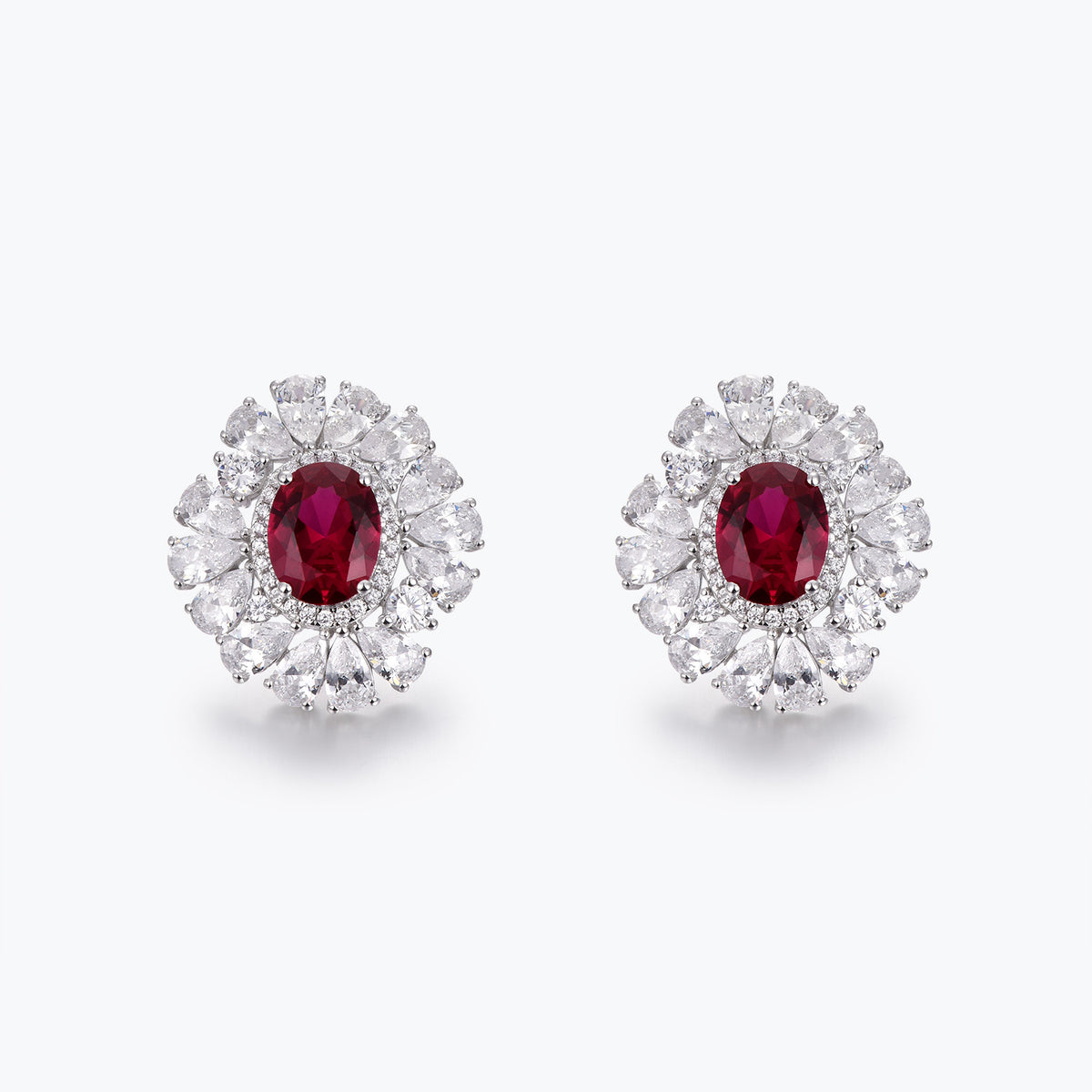 Dissoo® Ruby Red Halo Floral Cluster Stud Earring in Sterling Silver