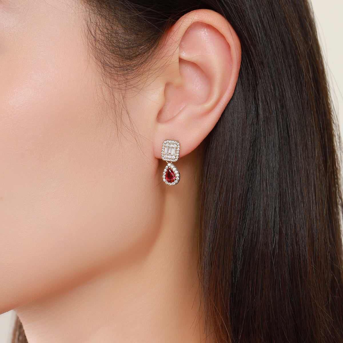 Dissoo® Pear Ruby Red Water Drop Stud Earring in 14K Gold Vermeil