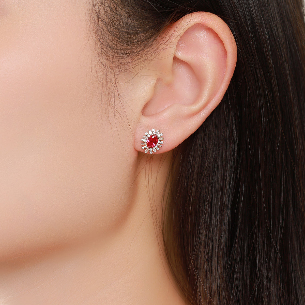 Dissoo® Oval Ruby Red & White Ray Sterling Silver Stud Earring