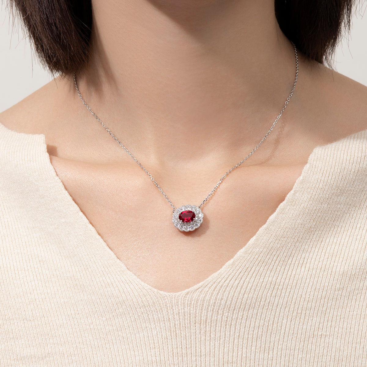 Dissoo® Ruby Oval Floral Halo Sterling Silver Pendant Necklace