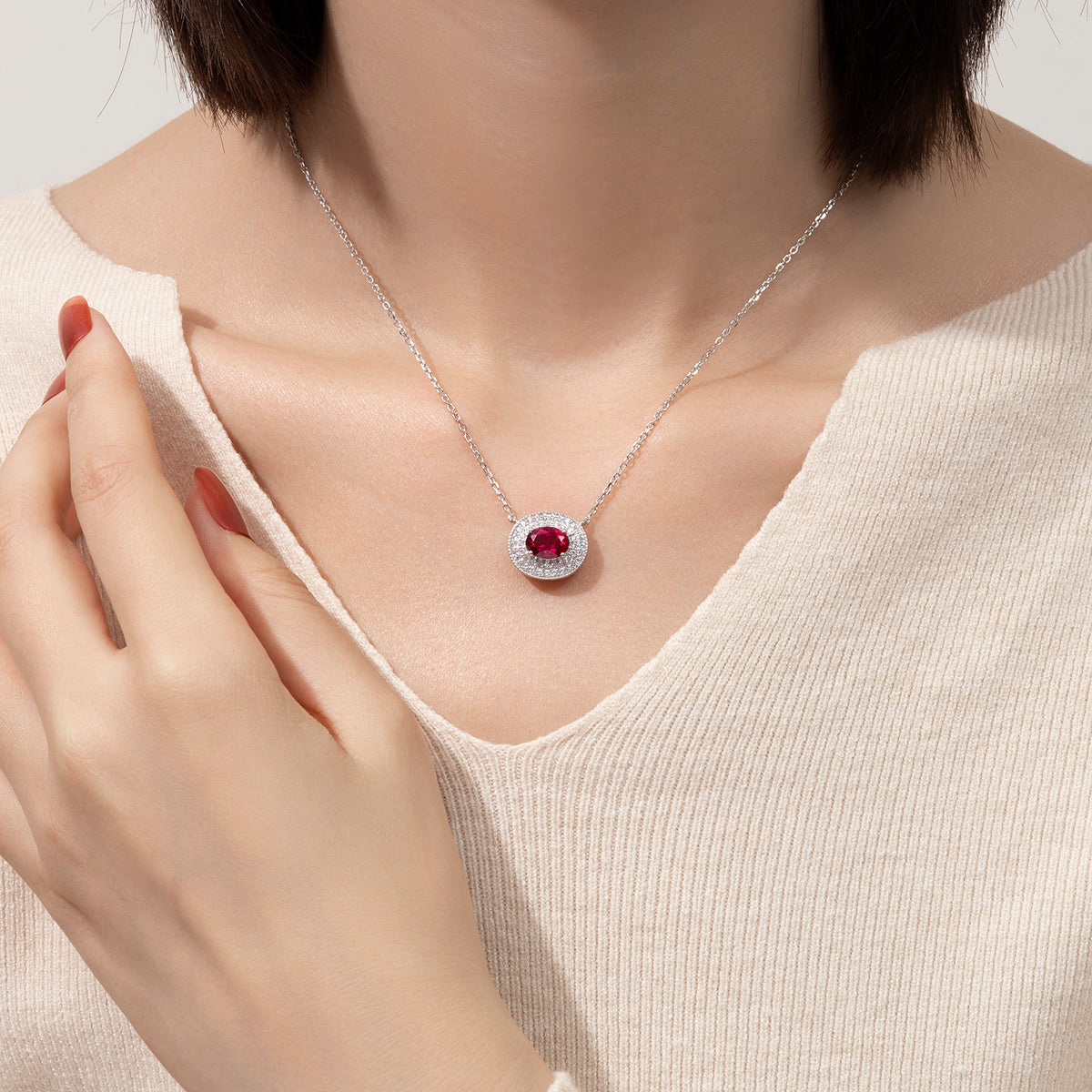 Dissoo® Ruby Oval Double Halo Sterling Silver Pendant Necklace