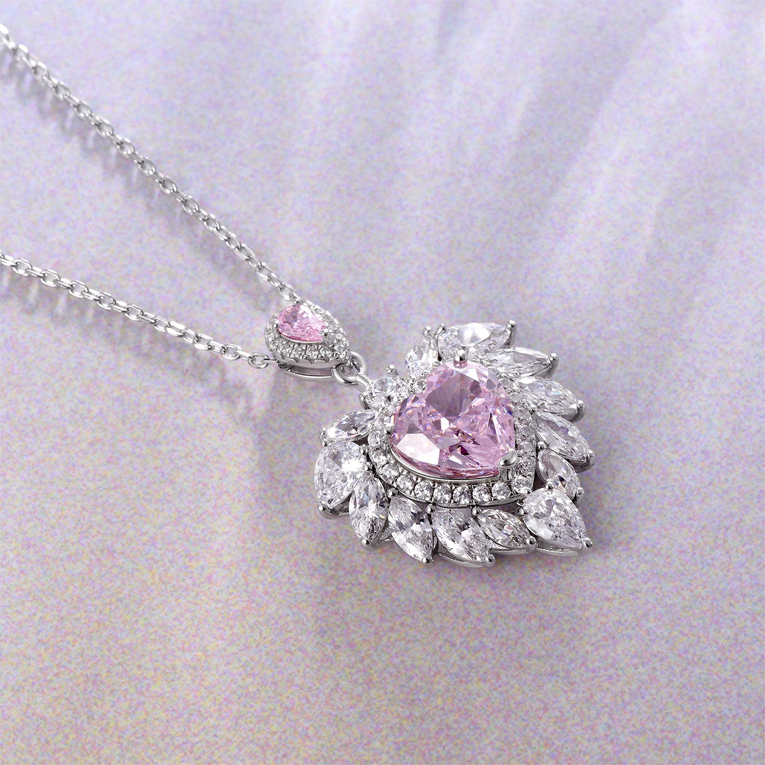 Dissoo® Pink Heart Halo Floral Cluster Sterling Silver Necklace