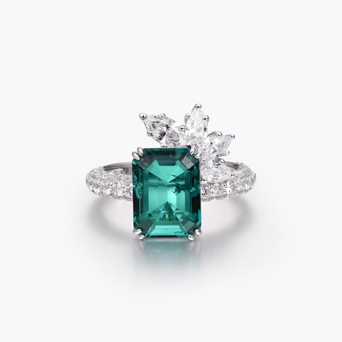 Dissoo® Emerald Green Floral Cluster Petite Pavé Engagement Ring