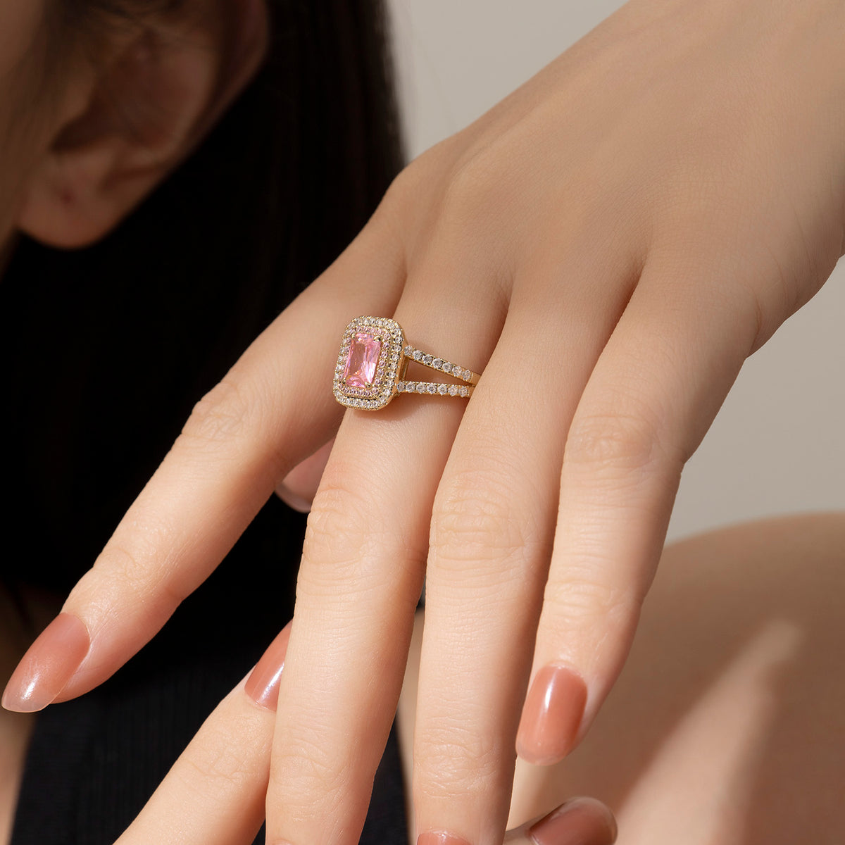 Dissoo® Gold Pink Double-Halo Split-Shank Cocktail Engagement Ring