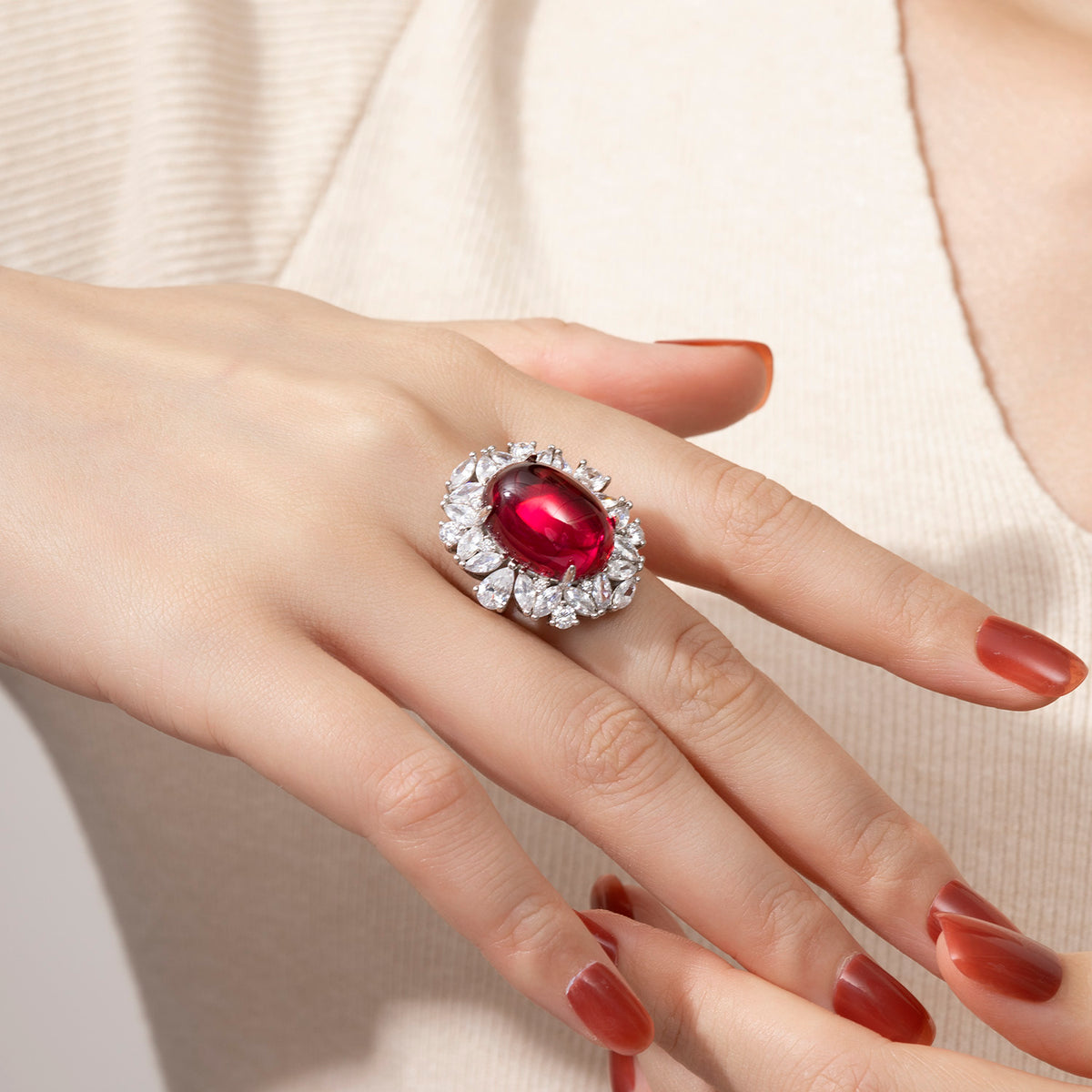 Dissoo® Oval Ruby Sterling Silver Cocktail Ring with Antique-style Flower-shaped Diamond Halo