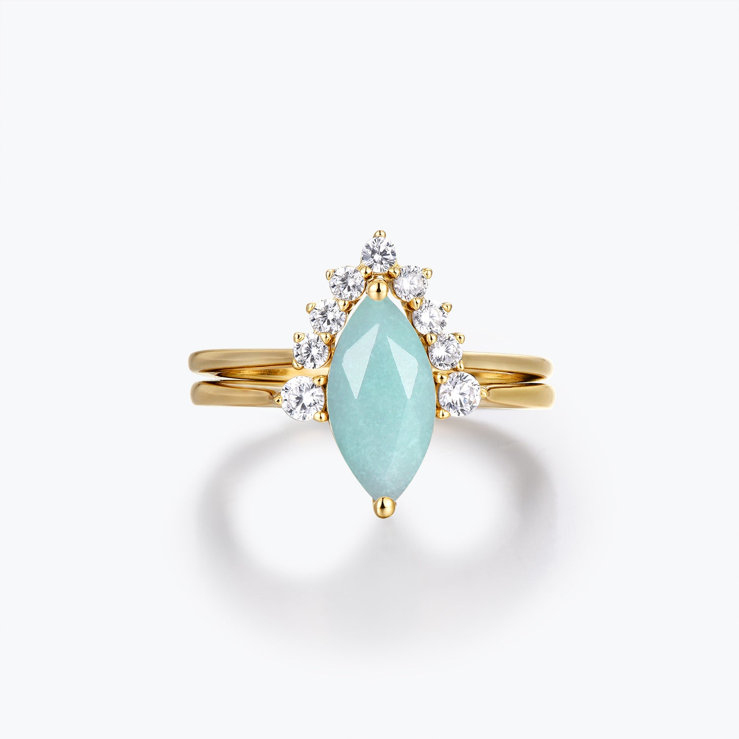 Dissoo® Gold Marquise Amazonite Engagement Ring with Sidestones and V-shaped Pavé Wedding Ring