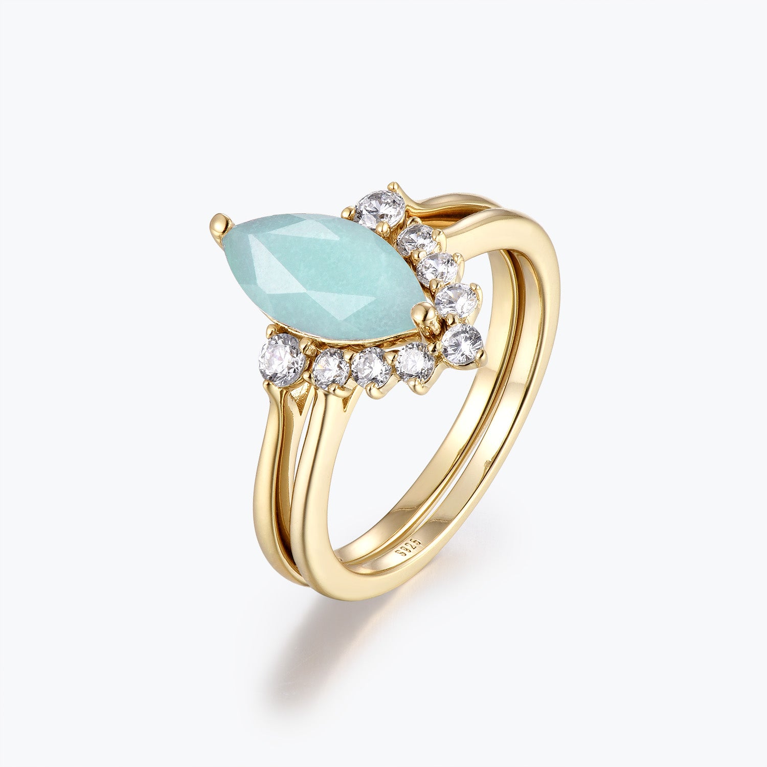 Dissoo® Gold Marquise Amazonite Engagement Ring with Sidestones and V-shaped Pavé Wedding Ring