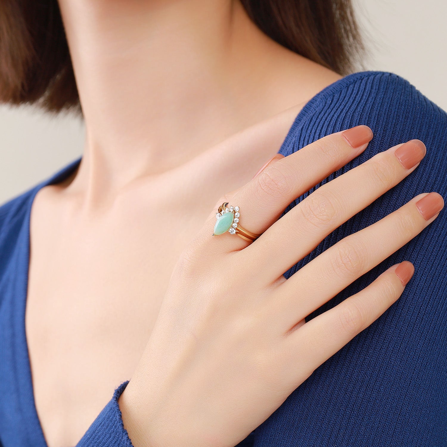 Dissoo® Gold Marquise Amazonite Engagement Ring with Sidestones and V-shaped Pavé Wedding Ring