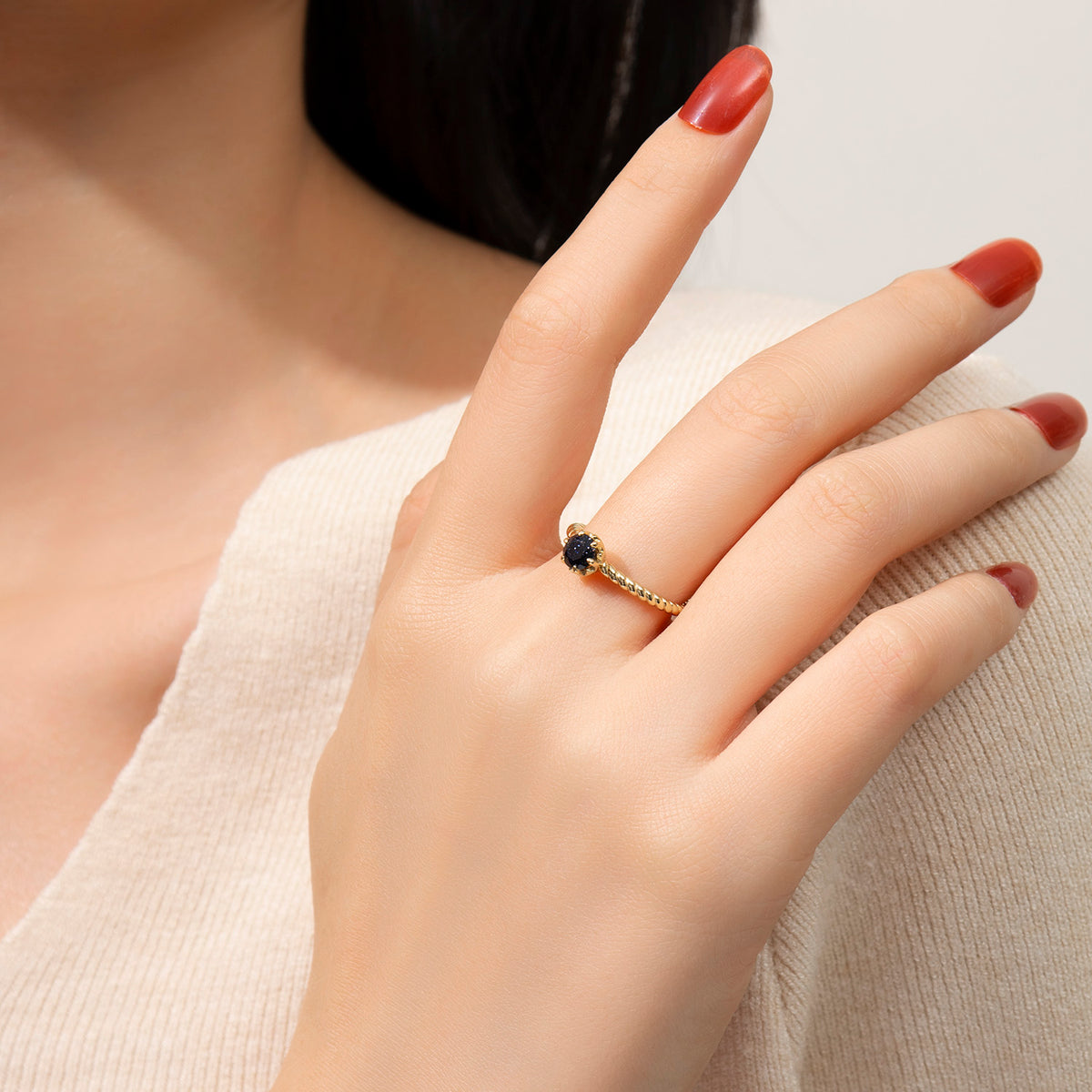 Dissoo® Gold Round Twisted Solitaire Blue Goldstone Engagement Ring