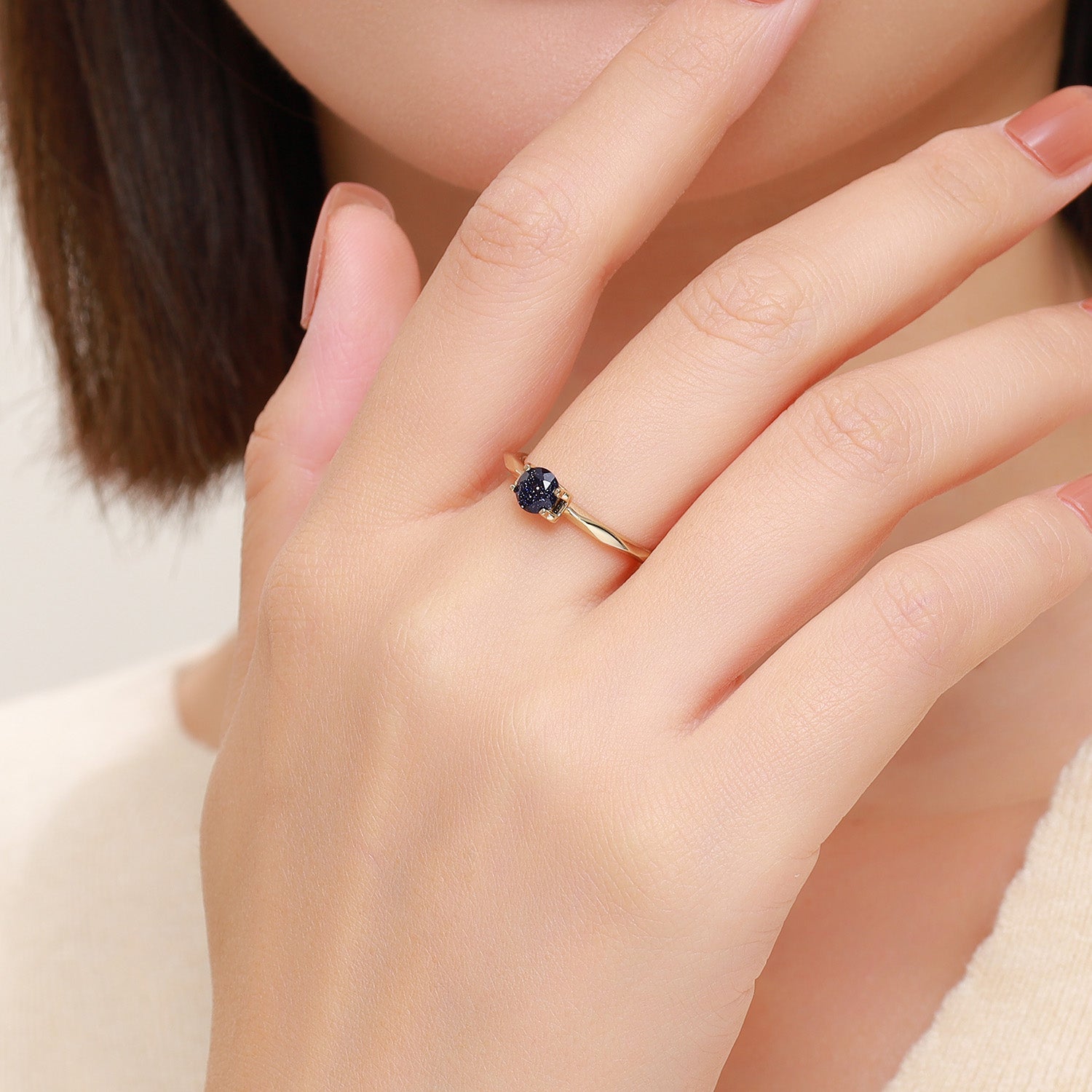 Dissoo® Gold Round Multi-faceted Blue Goldstone Engagement Wedding Ring
