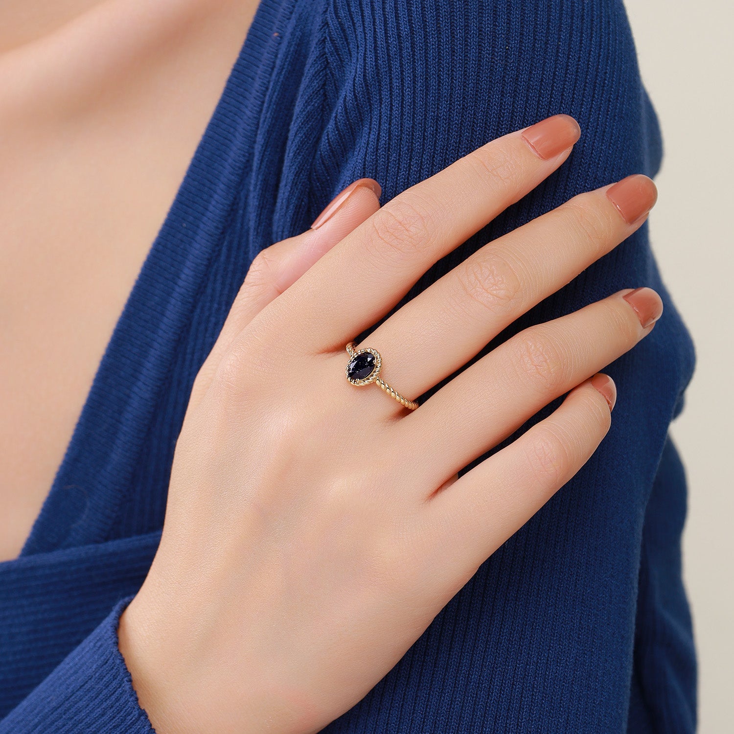 Dissoo® Gold Oval Blue Goldstone Solitaire Twisted Engagement Ring