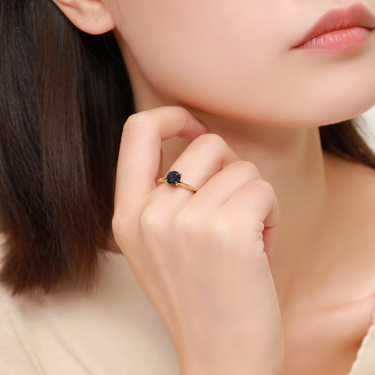 Dissoo® Gold Round Blue Goldstone Multi-faceted Engagement Wedding Ring