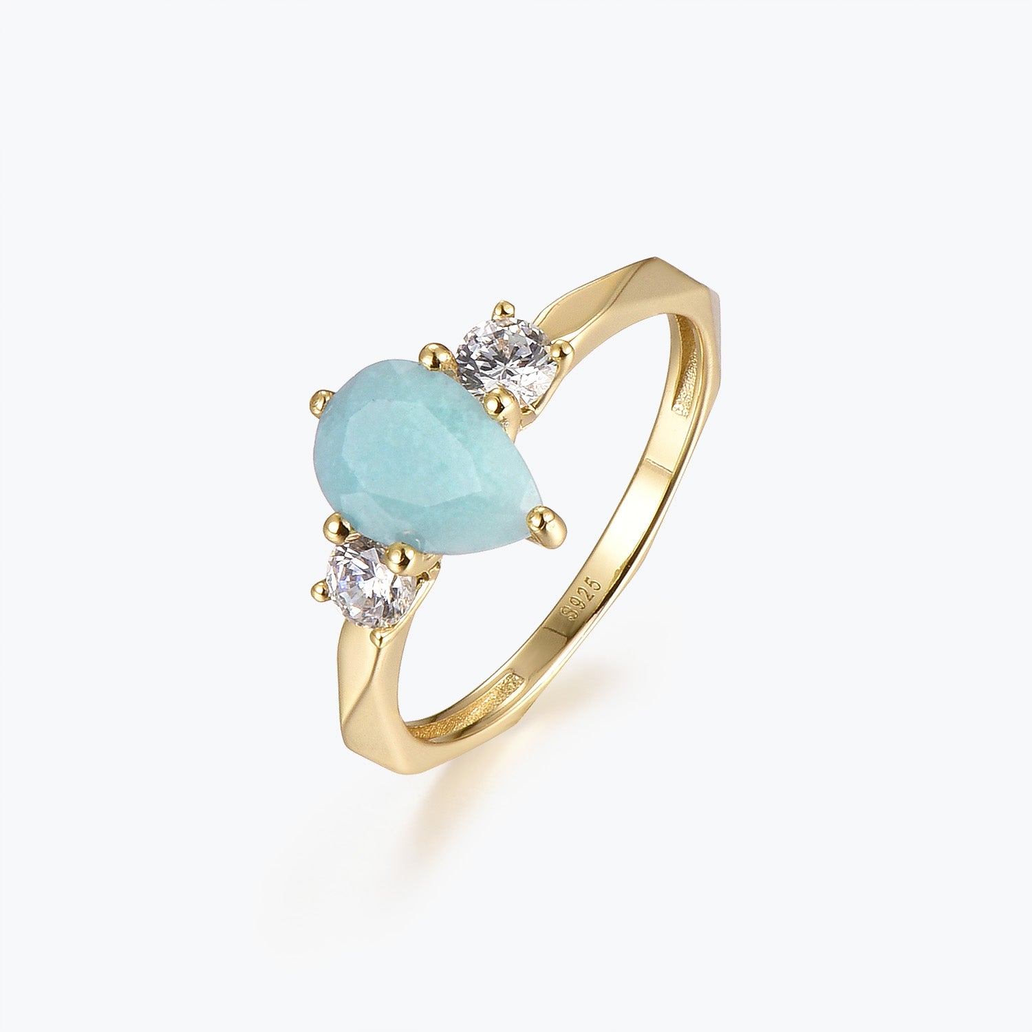 Dissoo® Gold Pear Amazonite Multi-faceted Engagement Ring with side Moissanites