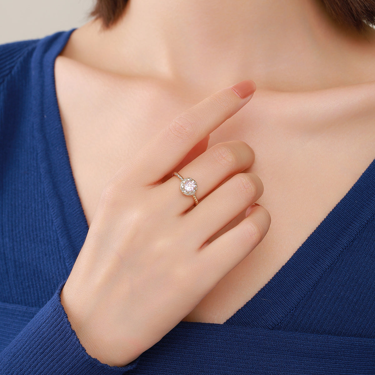 Dissoo® Gold Round Pink Natural Rose Quartz Swirl Halo Twisted Engagement Ring