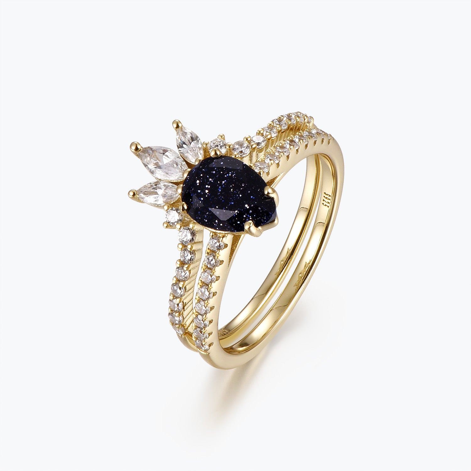 Dissoo® Pear Blue Goldstone Semi-Eternity Engagement Ring and Curved Marquise Accent Wedding Stackable Ring