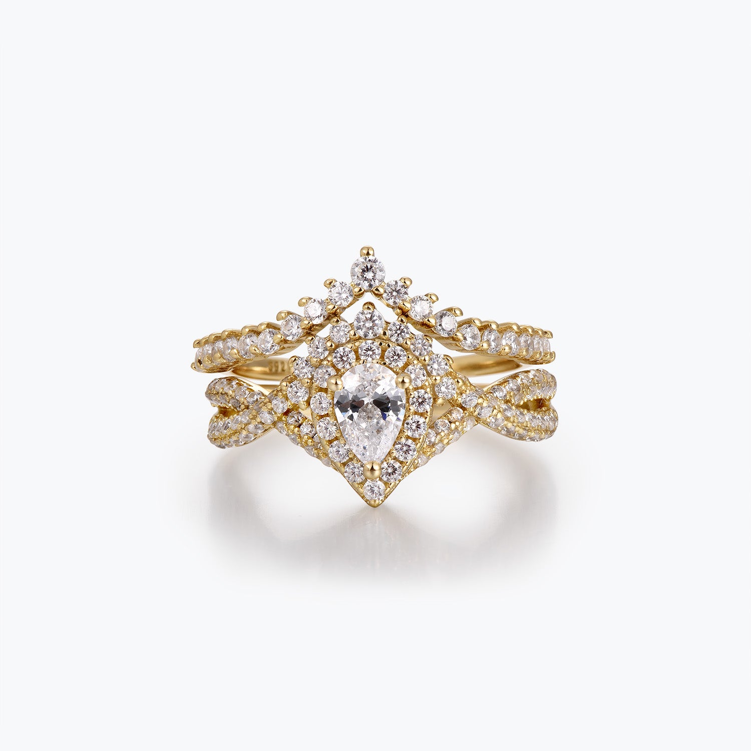 Dissoo® Pear Halo Moissanite Twist Pavé Shank Engagement Ring and V Shaped Moissanite Wedding Ring