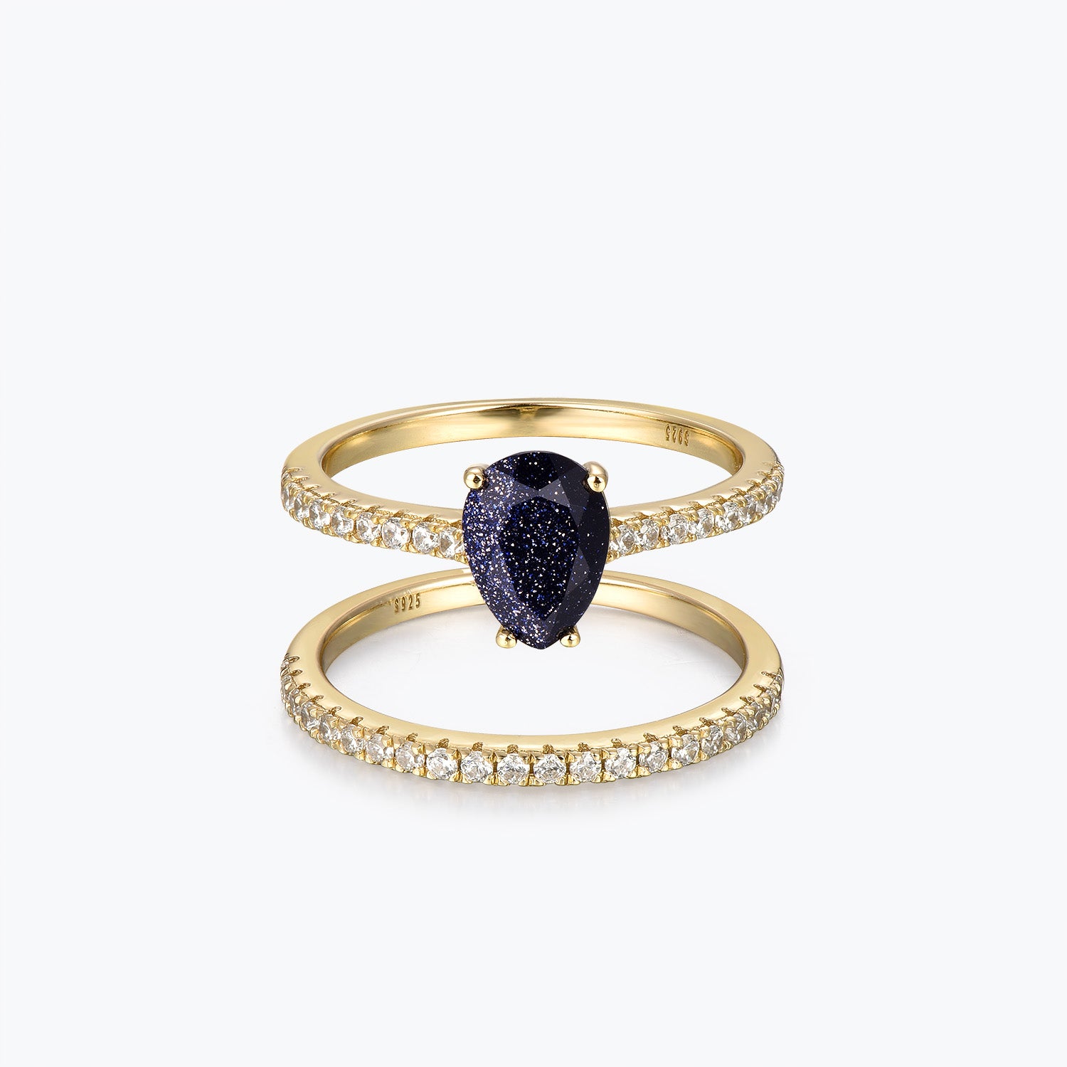 Dissoo® Pear Blue Goldstone Half-Eternity Engagement Ring with Gold Half-Eternity Wedding Band