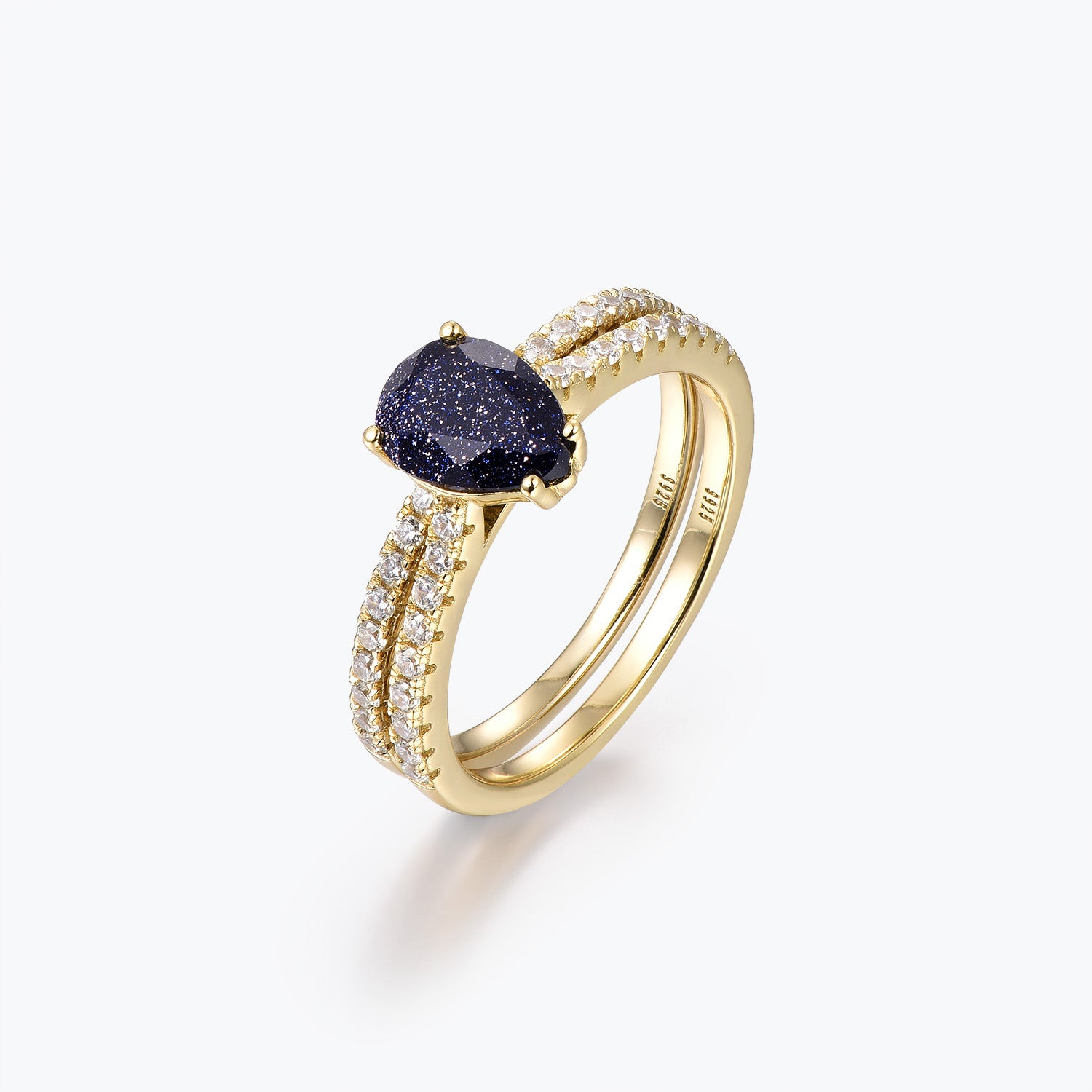 Dissoo® Pear Blue Goldstone Half-Eternity Engagement Ring with Gold Half-Eternity Wedding Band