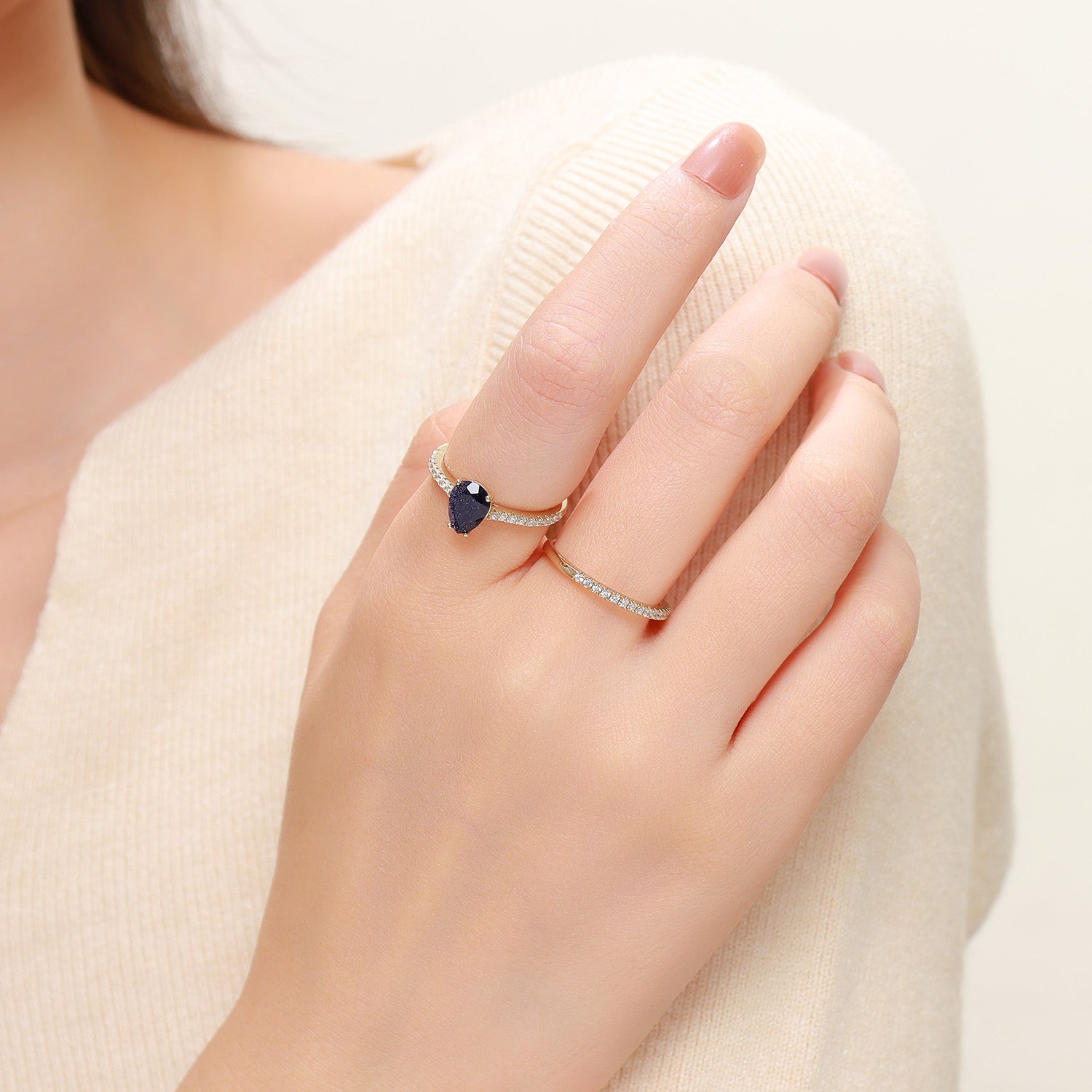 Dissoo® Pear Blue Goldstone Half-Eternity Engagement Ring with Gold Half-Eternity Wedding Band