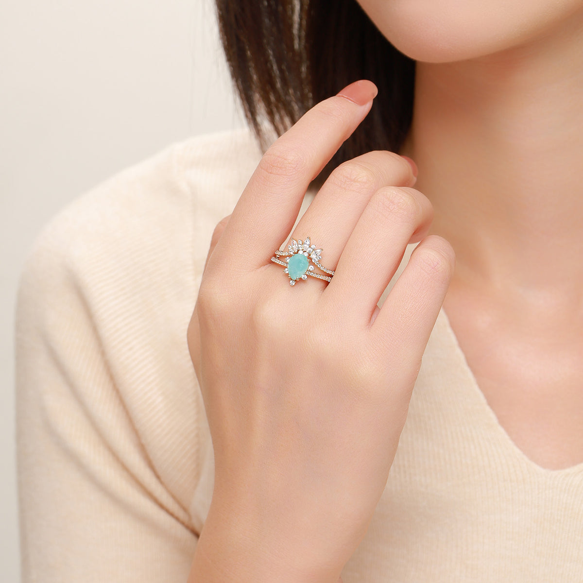 Dissoo® Pear Floral Amazonite Semi-Eternity Ring Set with Curved Stacked Ring
