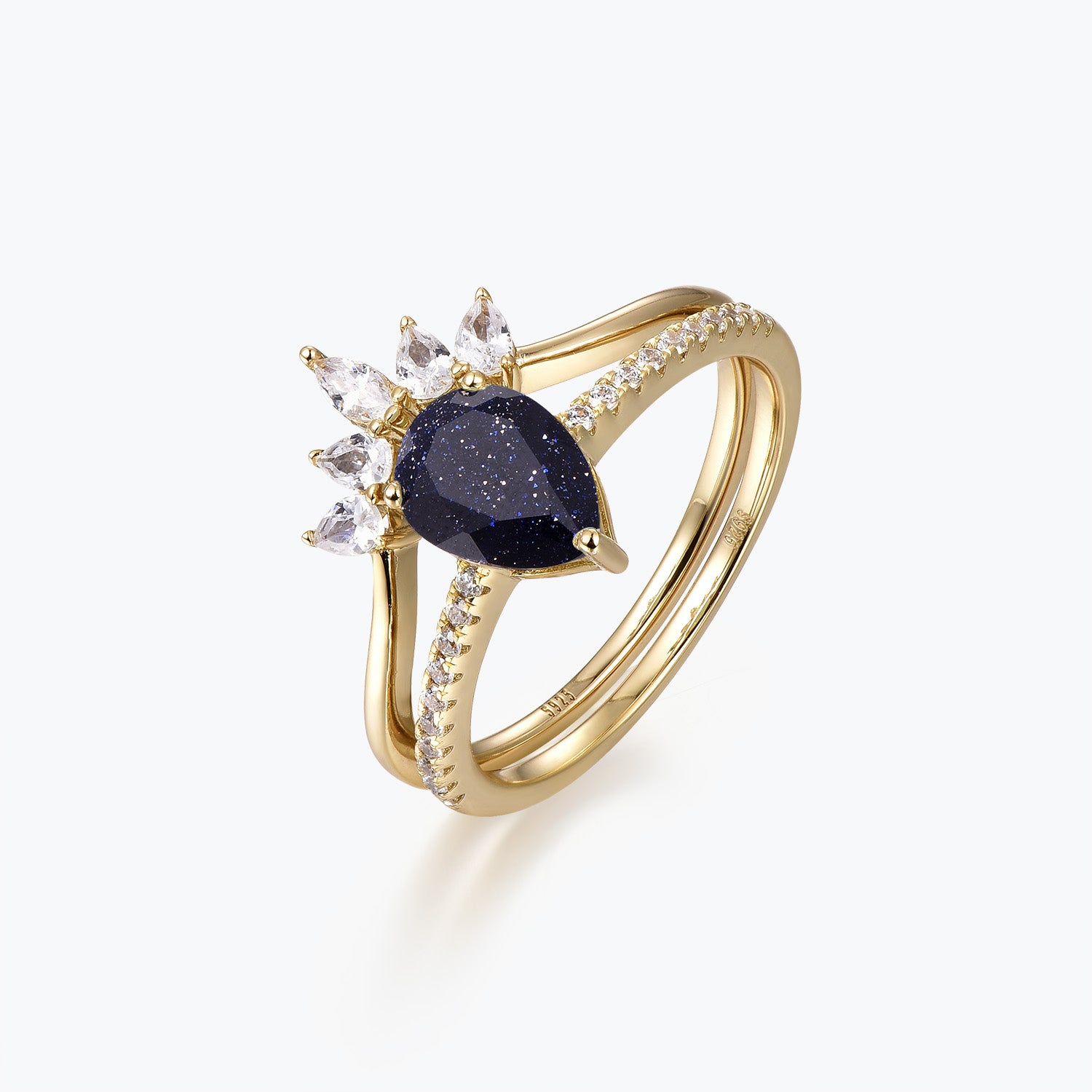 Dissoo® Pear Blue Goldstone Engagement Ring with Curved Marquise Accent Wedding Band Stackable Ring