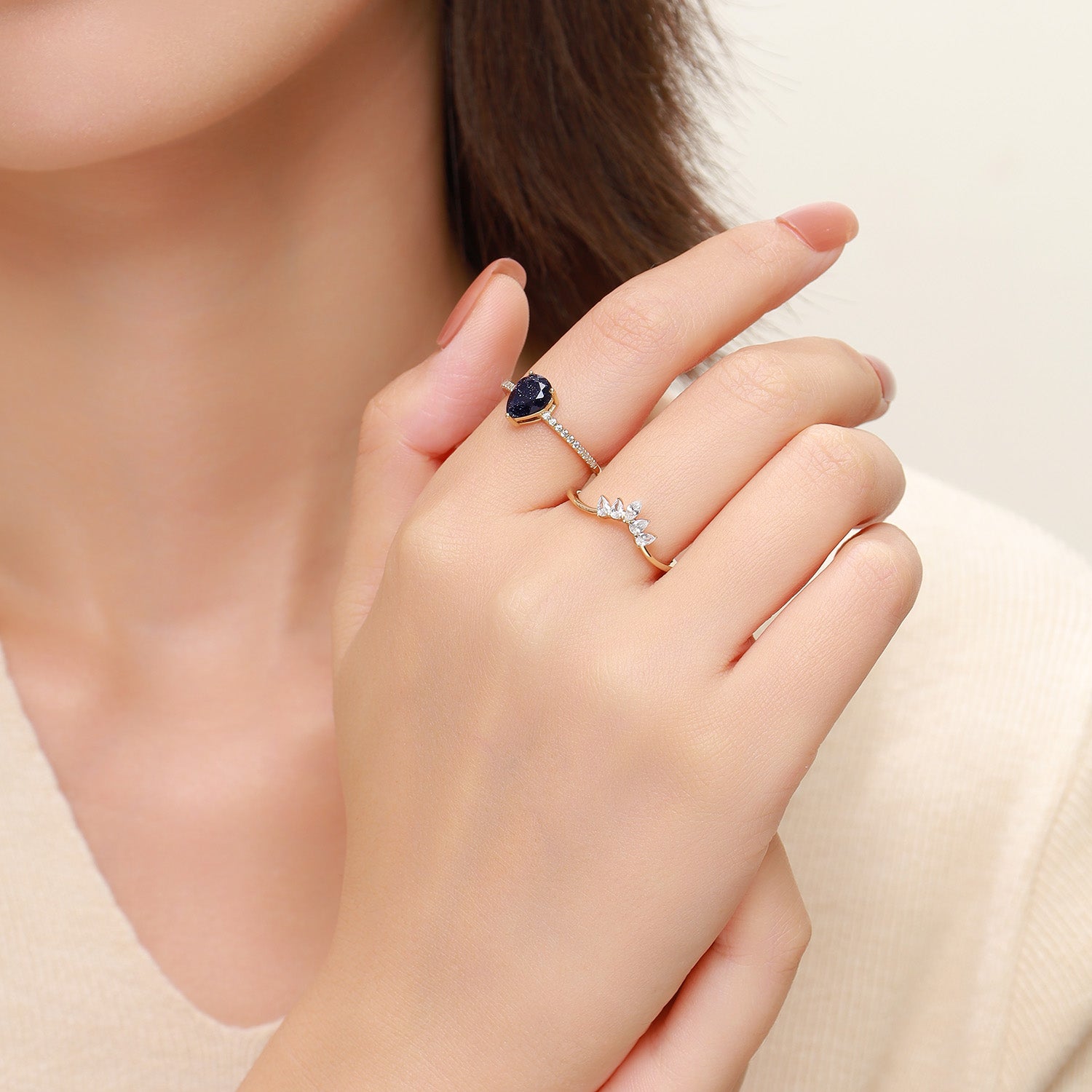 Dissoo® Pear Blue Goldstone Engagement Ring with Curved Marquise Accent Wedding Band Stackable Ring