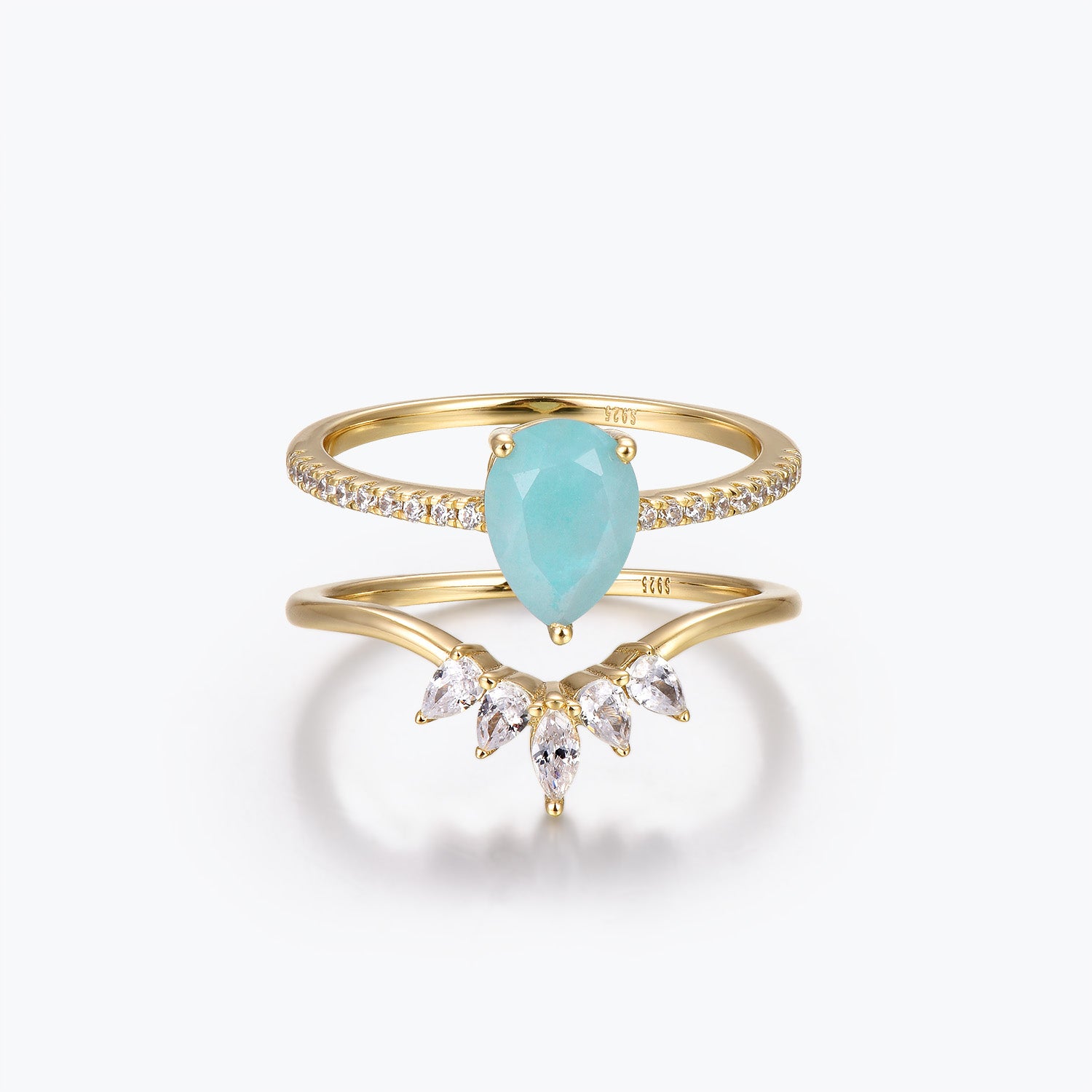 Dissoo® Pear Amazonite Half-Eternity Engagement Ring with Curved Marquise Accent Wedding Band Stackable Ring