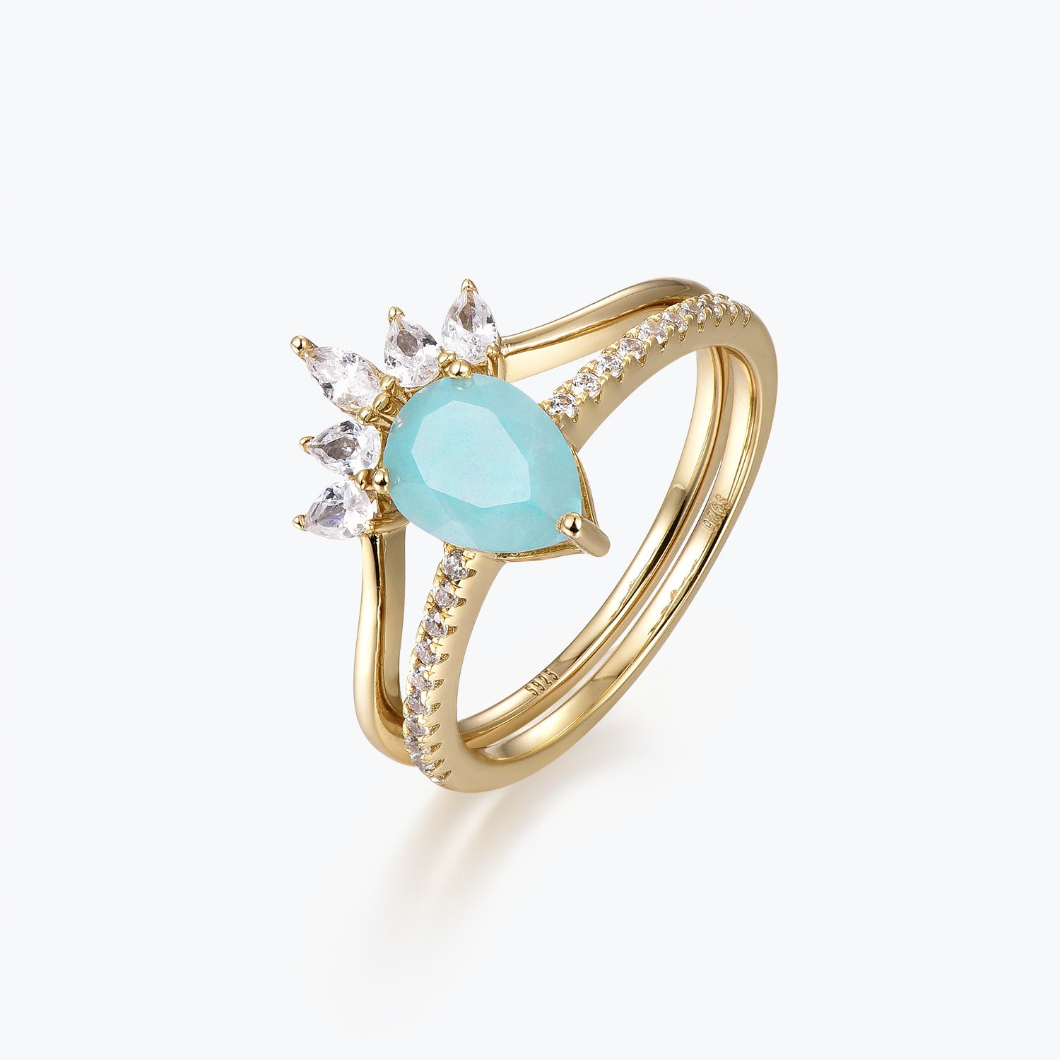 Dissoo® Pear Amazonite Half-Eternity Engagement Ring with Curved Marquise Accent Wedding Band Stackable Ring