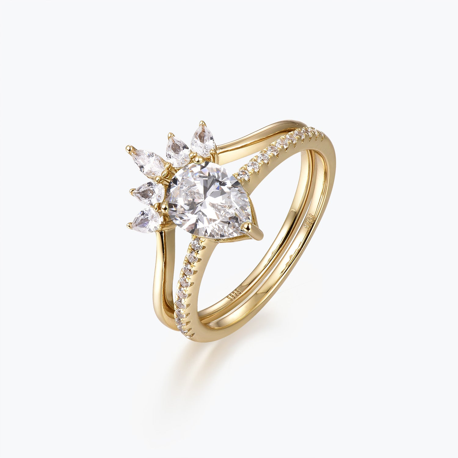 Dissoo® Pear Moissanite Semi-Eternity Engagement Ring and Curved Pear Cluster Wedding Ring