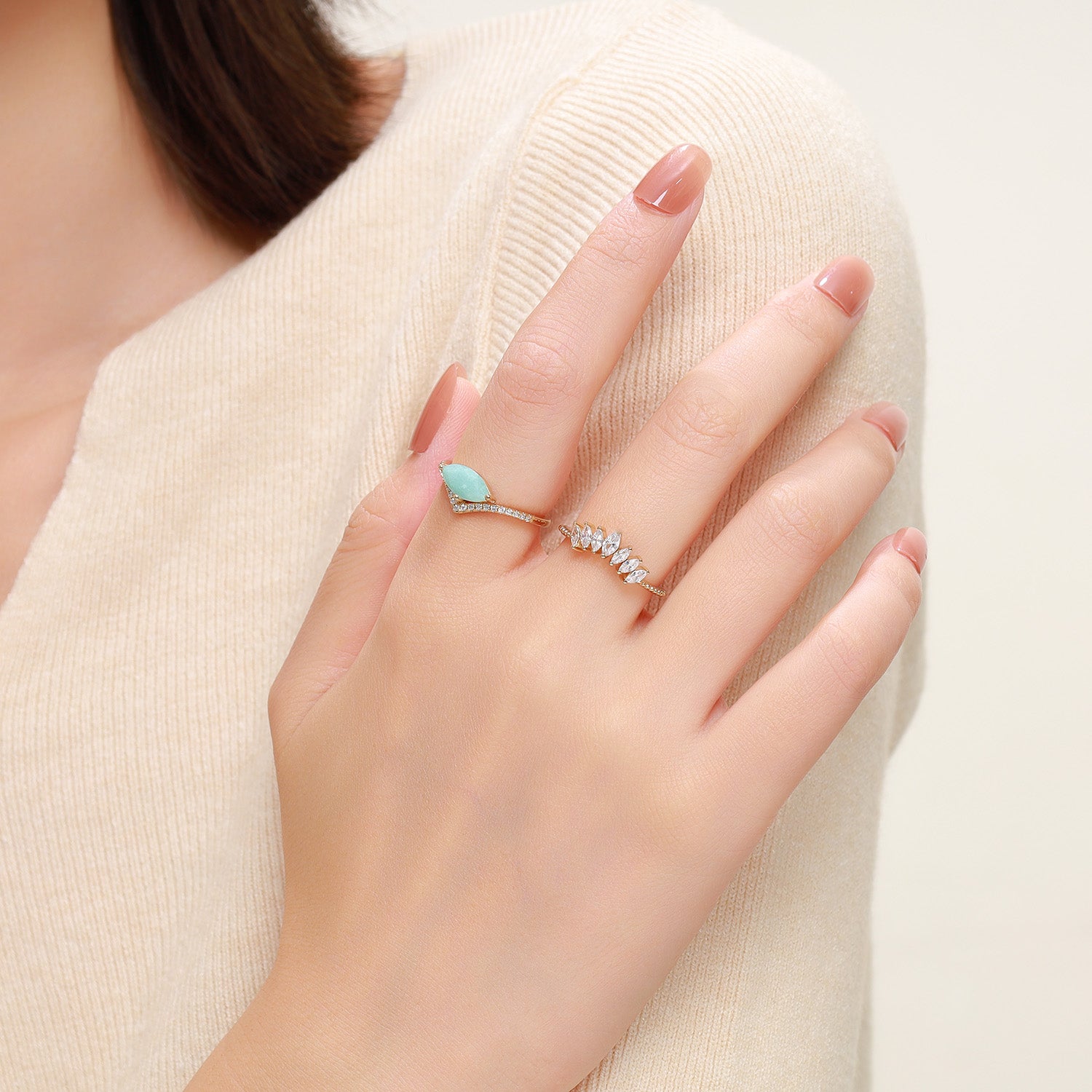 Dissoo® Oval Amazonite Curved-Pavé Engagement Ring with Curved Marquise Accent and Pavé Wedding Ring