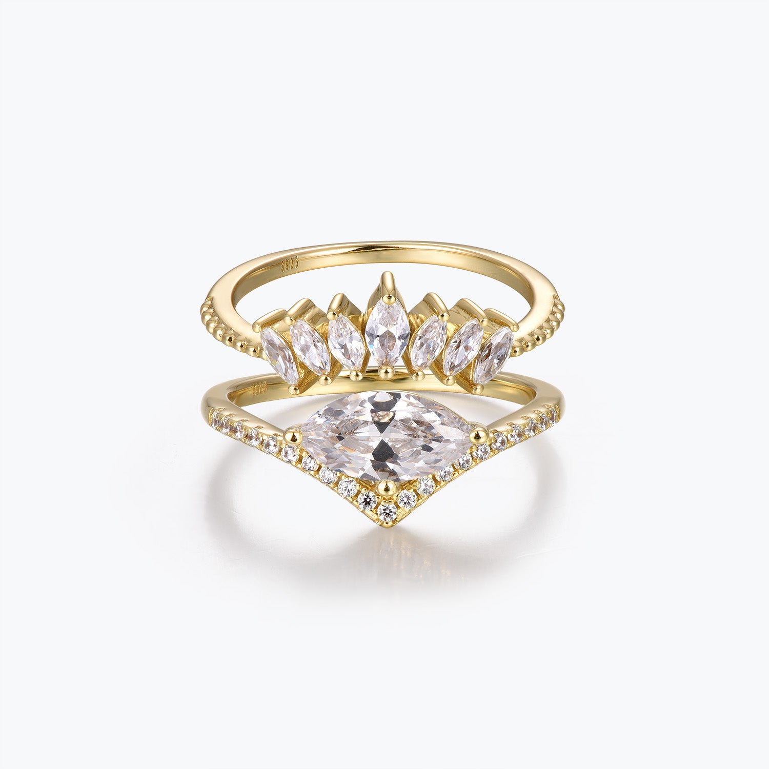 Dissoo® Oval Moissanite Curved Pavé Engagement Ring and Curved Marquise Accent Pavé Wedding Ring