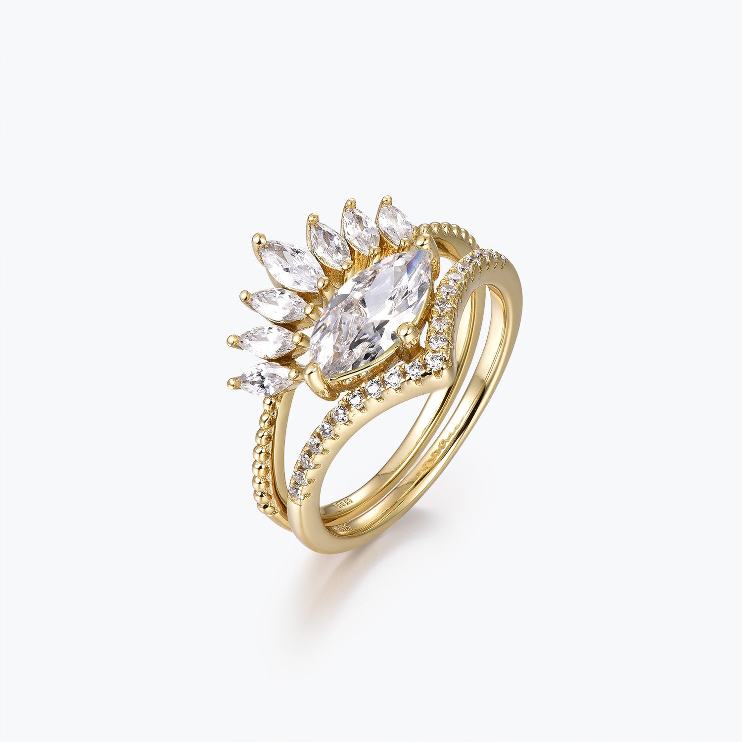 Dissoo® Oval Moissanite Curved Pavé Engagement Ring and Curved Marquise Accent Pavé Wedding Ring