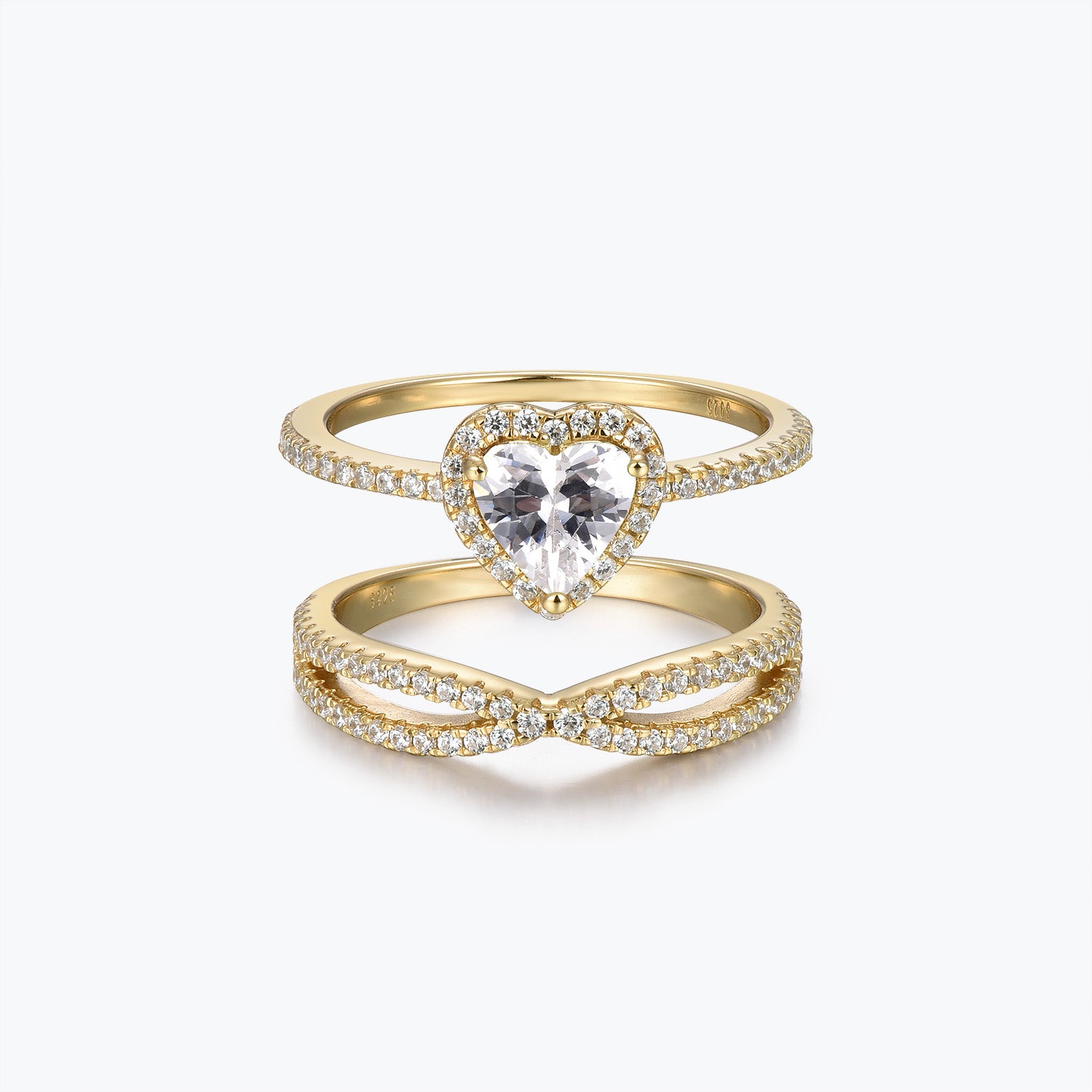 Dissoo® Gold Heart Moissanite Halo Engagement Ring and Crossover Pavé Wedding Ring